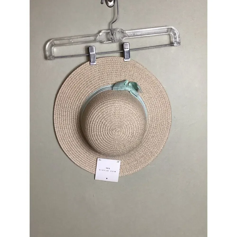 Max Studio kids straw sun hat, wide-brimmed light blue ribbon bow. New One Size